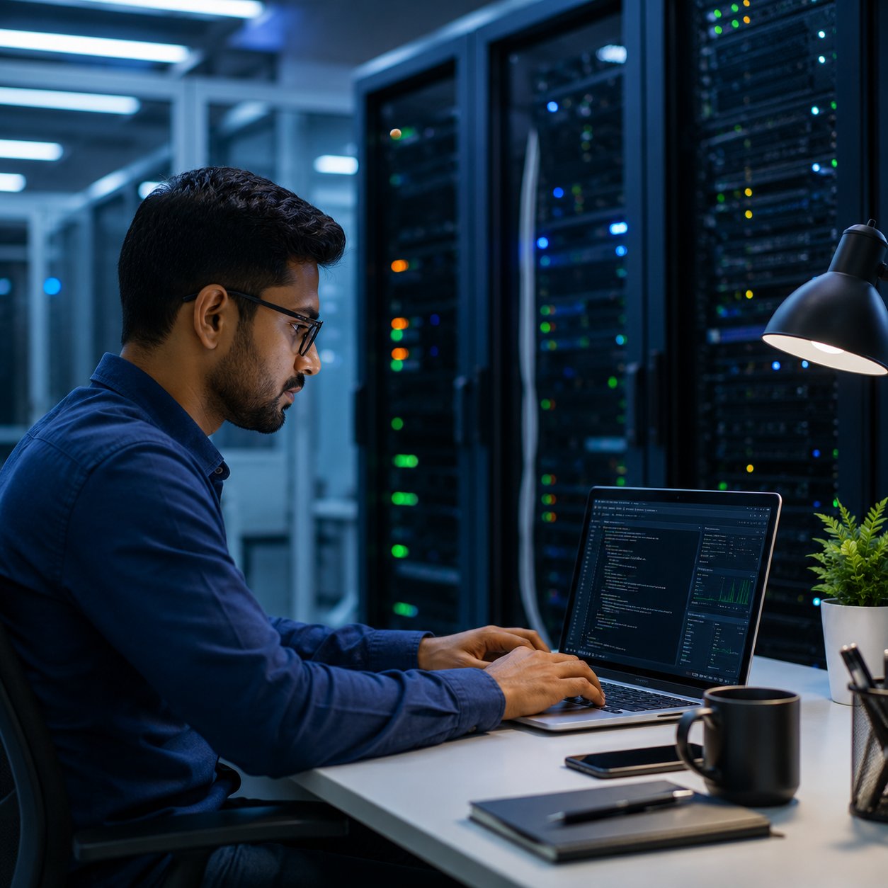 Managed Services — IT engineer monitoring server infrastructure