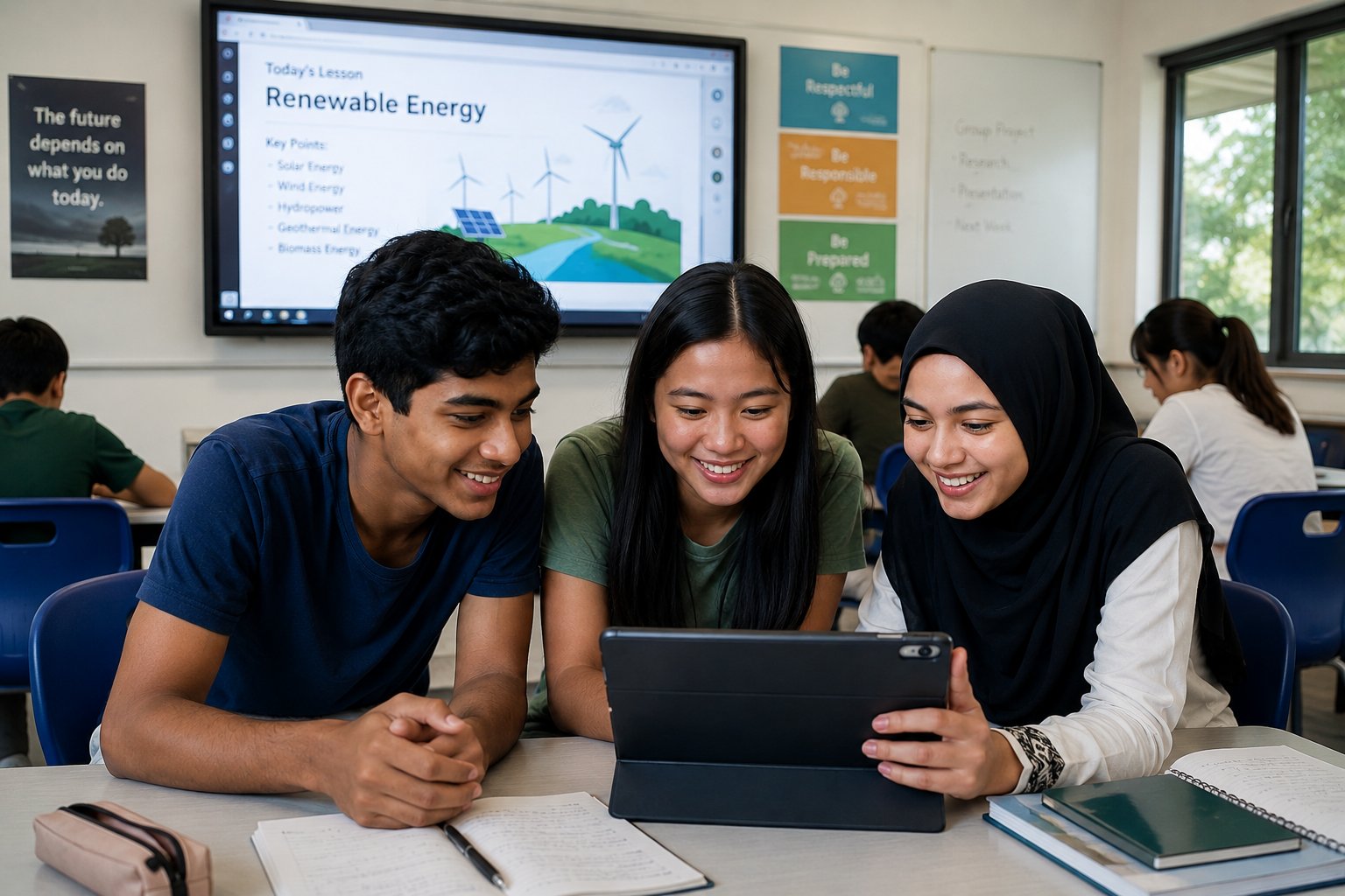 South Asian, Filipino and Muslim students learning on tablet — Nena AI